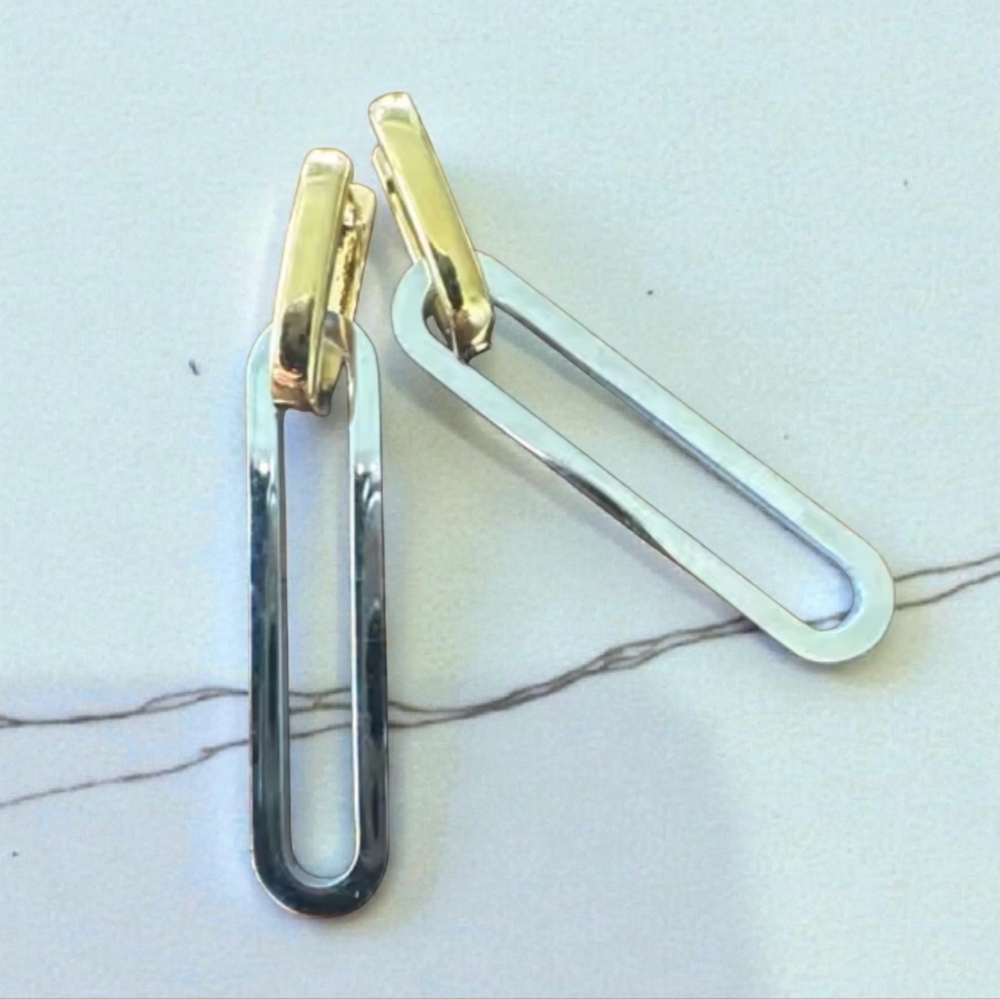 Gold & silver geometric hoop earrings; 1.77" x .43"; sleek & shiny; NWOT